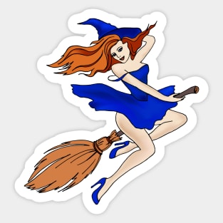 Funny art print. Witch on a broomstick. Halloween. Printing on clothes. Holiday card. drawing. Image of a cool witch. Sticker